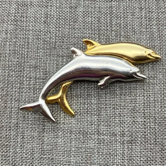 Liz Claiborne Dolphin Brooch Pin 3 In Gold Silver Sleek Elegant Swimming Glam - Picture 2 of 6